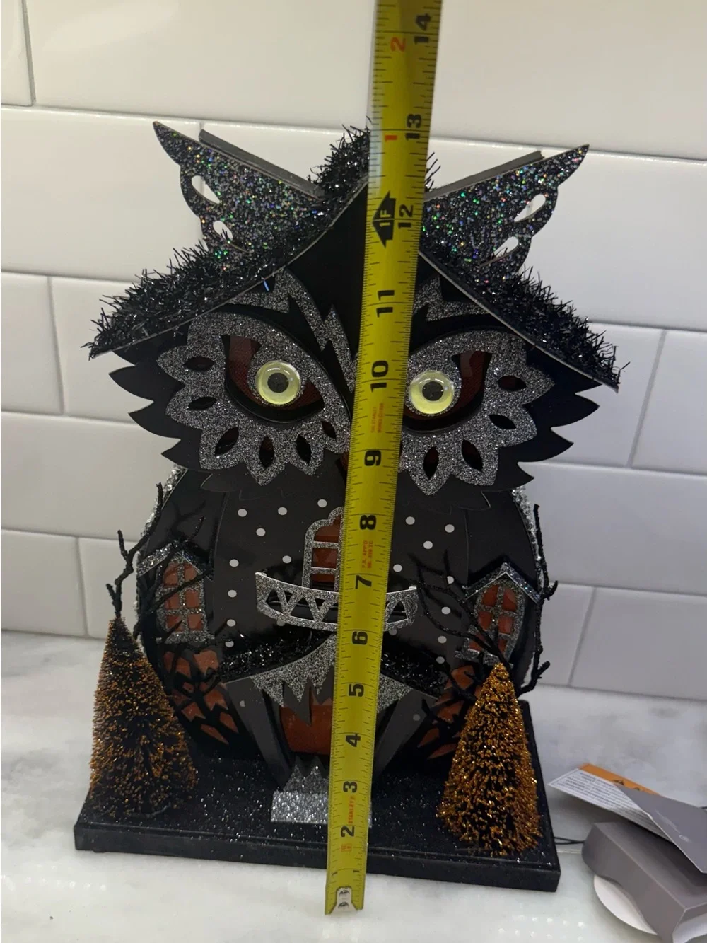 Bella Lux Putz Style Black Glitter LED Halloween Owl Shaped House NWT